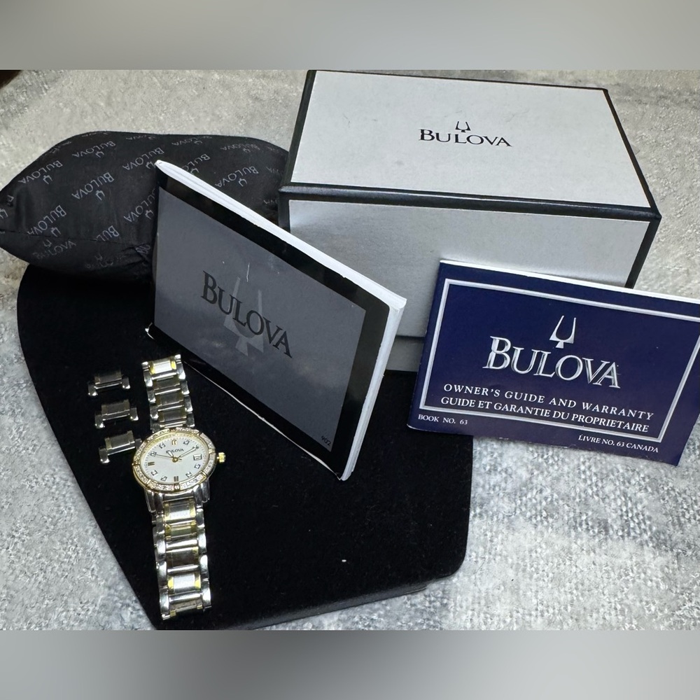 Bulova Two-Tone Stainless Mother of Pearl, Diamond Bezel Date Indicator Watch - Picture 7 of 15